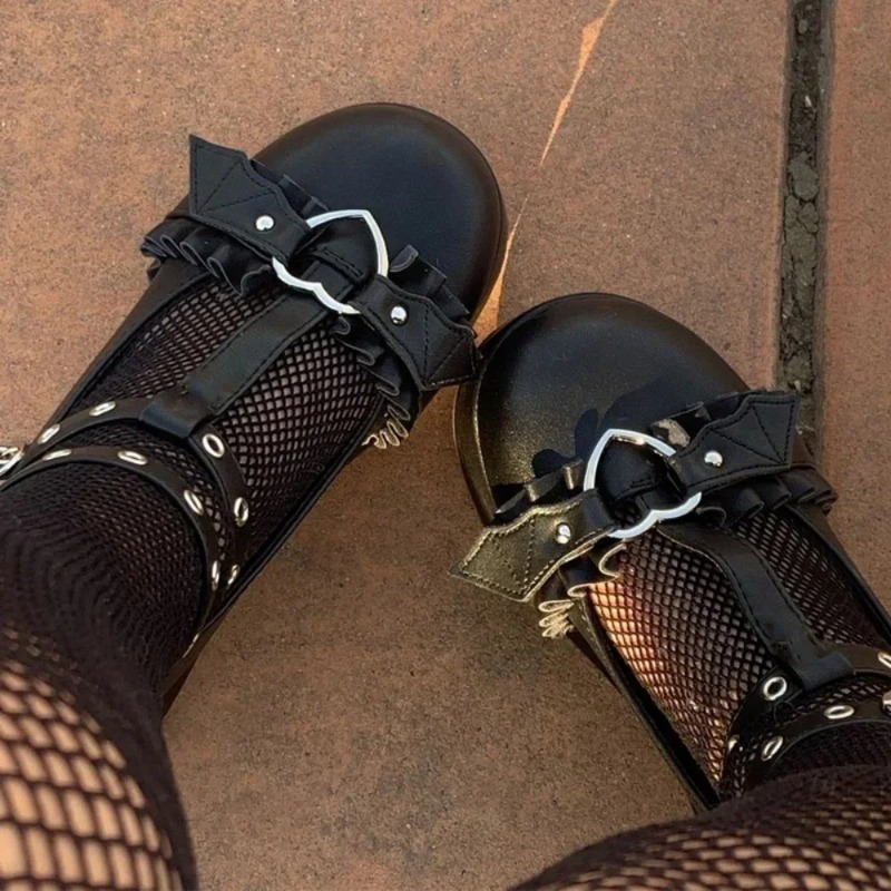 Chunky Sneaker Platform - รองเท้าส้นเตารีดแบบมีสายรัดรูปหัวใจสีชมพูสำหรับผู้หญิง สไตล์โลลิต้า พังก์ กอธิค คอสเพลย์ ไซส์