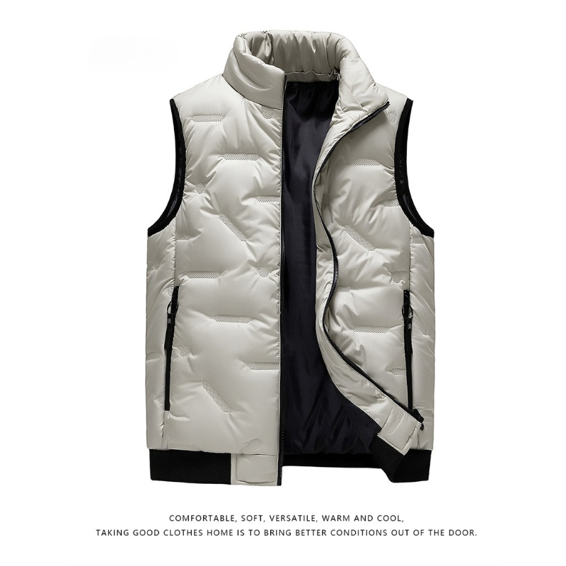 Puffer Vest Padded - เสื้อกั๊กกันหนาวผู้ชายแบบไม่มีแขน ซิปหนา บุผ้าฝ้าย สีพื้น คอตั้ง ทรงพอง