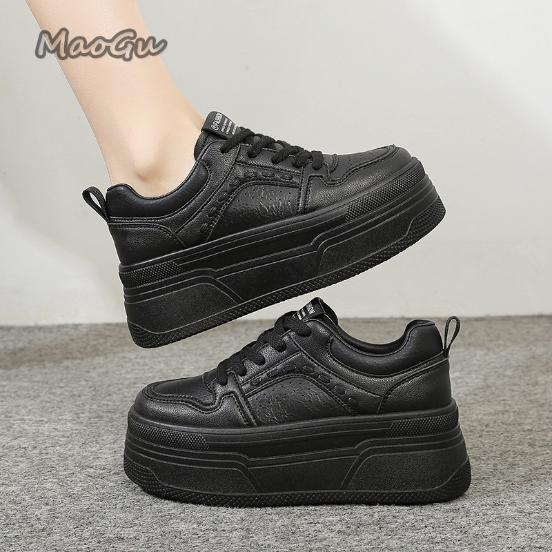 Chunky Sneaker Platform - รองเท้าผ้าใบเสริมส้นสีขาวสำหรับผู้หญิง แบบผูกเชือก พื้นหนา สไตล์ลำลอง ระบายอากาศได้ดี หนังแท้