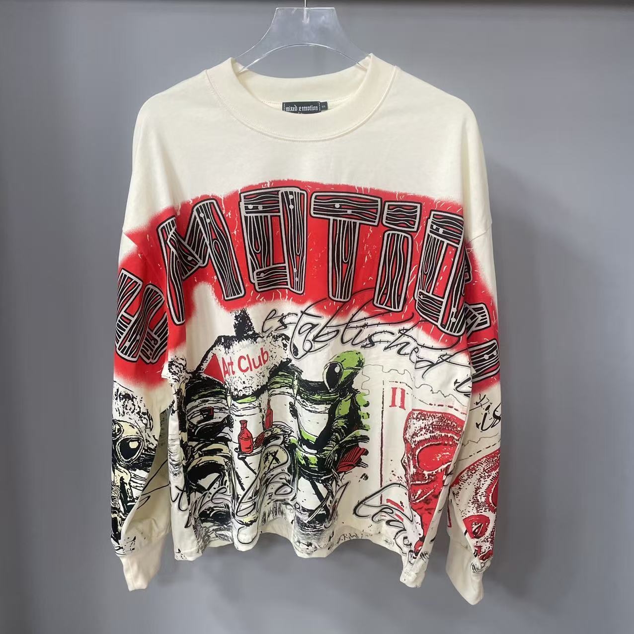 Street Fashion Vintage - เสื้อยืดแขนยาวดีไซน์เนอร์คุณภาพสูง MIXED-EMOTION ผ้าฝ้าย 100% สำหรับผู้ชายและผู้หญิง ลายพิมพ์วินเทจและประดับคริสตัล