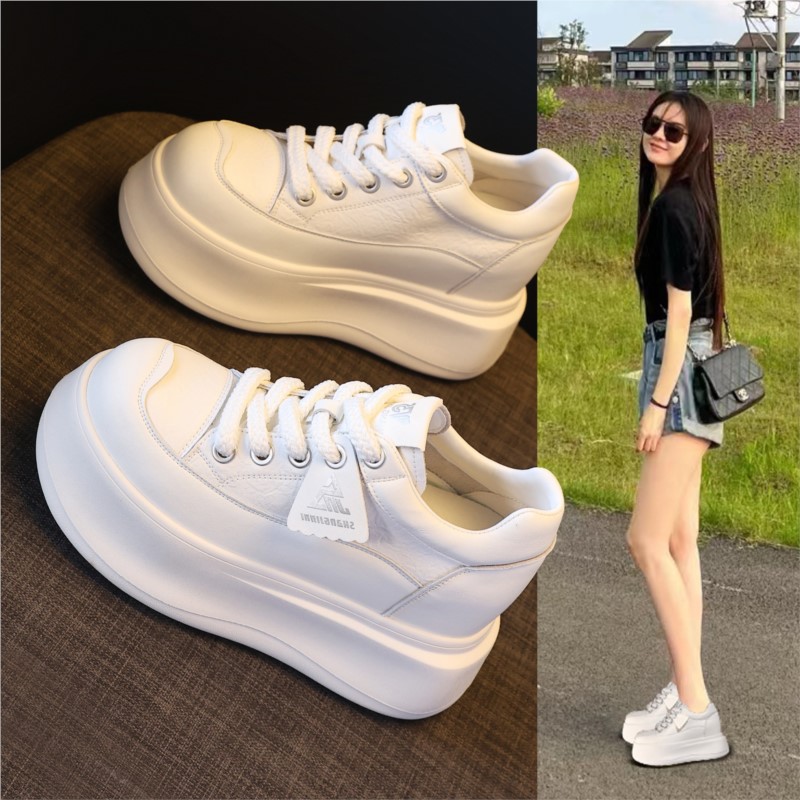 Chunky Sneaker Platform - รองเท้าผ้าใบพื้นหนา 8.5 ซม. สำหรับผู้หญิง สีเบจขาว ส้นหนา