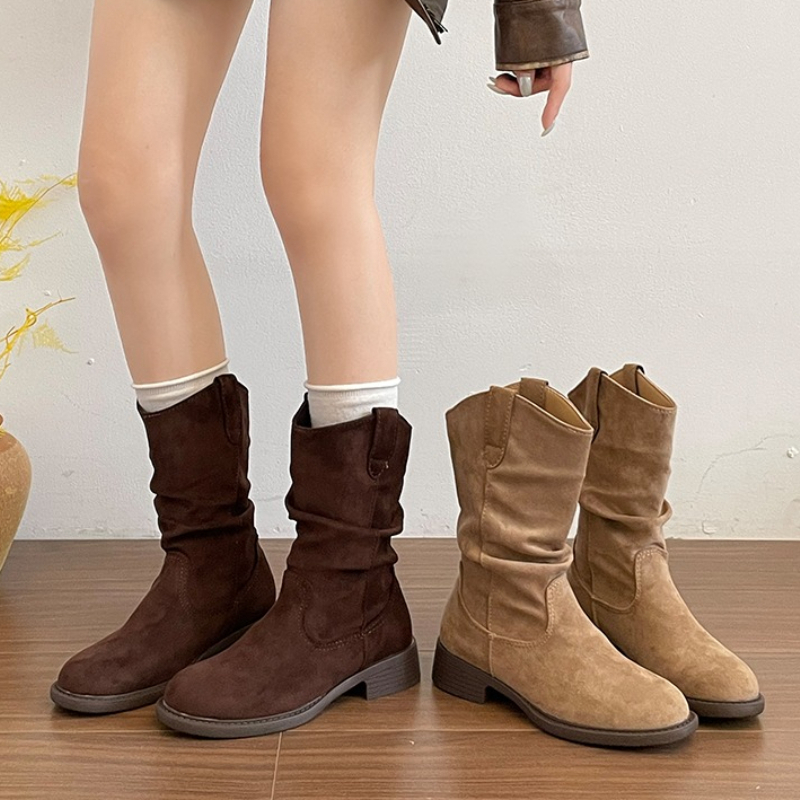 Street Fashion Vintage - รองเท้าบูทสั้นส้นหนาแบบวินเทจสำหรับผู้หญิง สไตล์ตะวันตก ดีไซน์จีบ แฟชั่นสำหรับงานเลี้ยงและปาร์ตี้ รองเท้าส้นเตี้ยแบบสวมสำหรับผู้หญิง