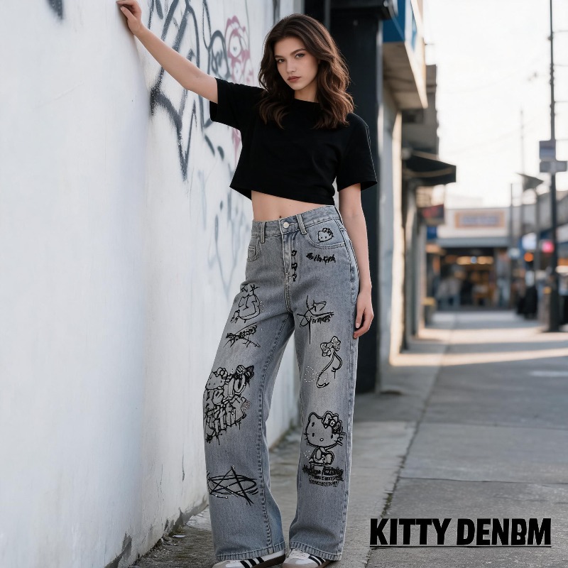 กางเกงยีนส์สไตล์การ์ตูนน่ารัก  - Street Fashion Graffiti บทวิจารณ์และราคา