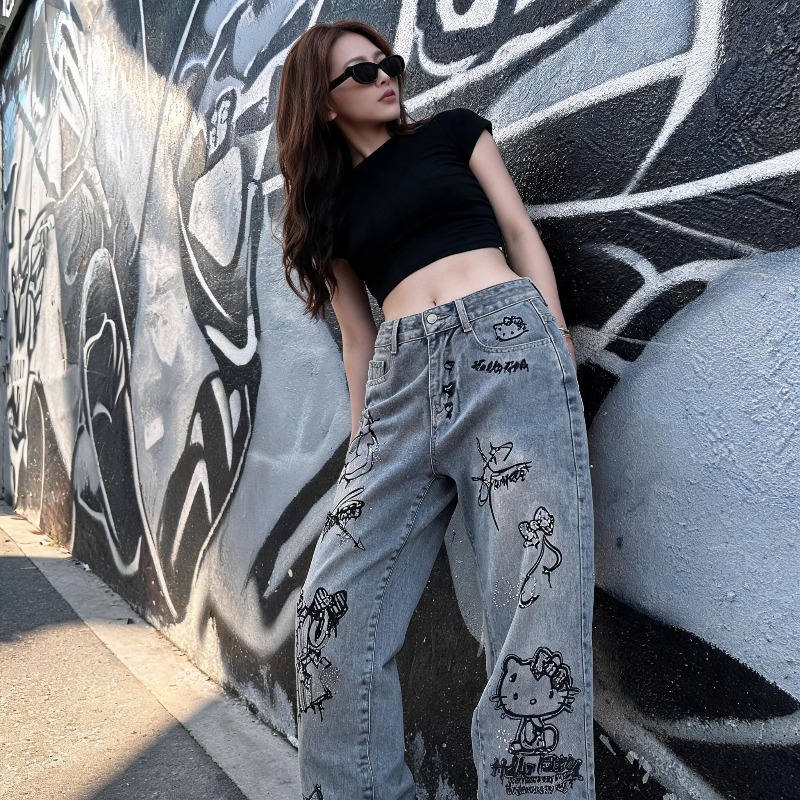 กางเกงยีนส์สไตล์การ์ตูนน่ารัก  - Street Fashion Graffiti บทวิจารณ์และราคา