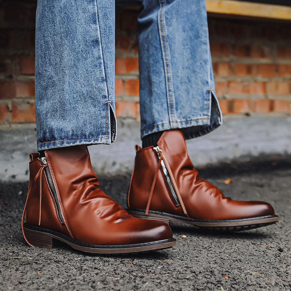 รองเท้าบูทหนังแท้สไตล์วินเทจสำ - Street Fashion Vintage บทวิจารณ์และราคา