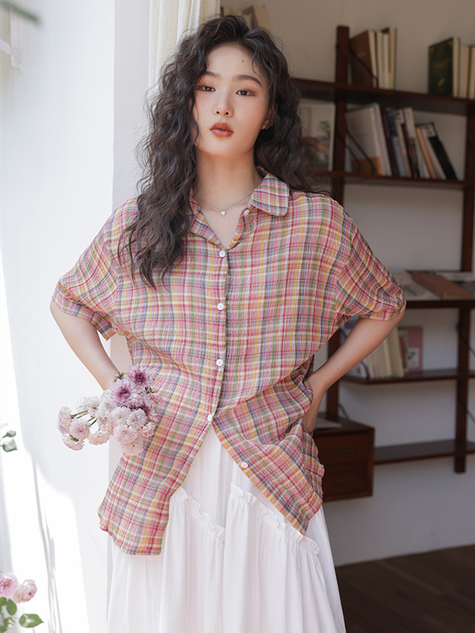 เสื้อเชิ้ตผ้าฝ้ายคอปกพับได้สำห - Street Fashion Vintage บทวิจารณ์และราคา